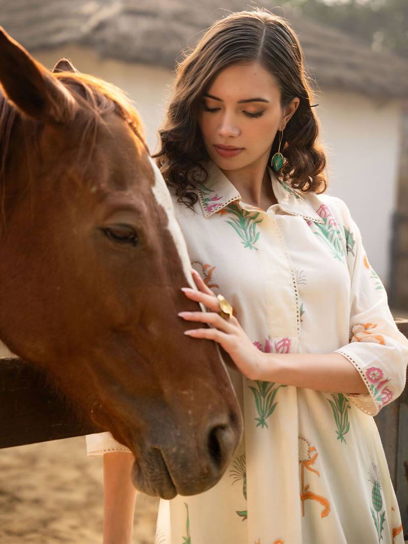 Floral Printed Shirt Collar  Cotton A-Line Kurta With Trouser