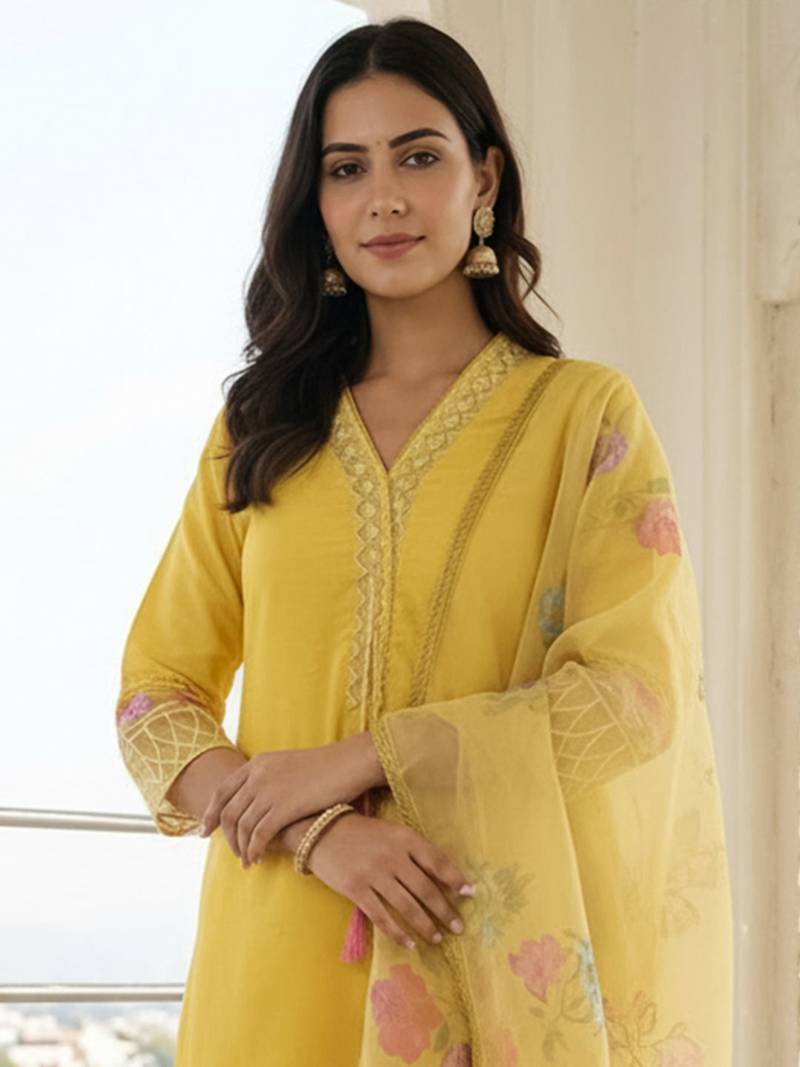Women Floral Embroidered Regular Thread Work Kurta with Trousers & With Dupatta