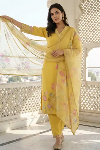 Women Floral Embroidered Regular Thread Work Kurta with Trousers & With Dupatta