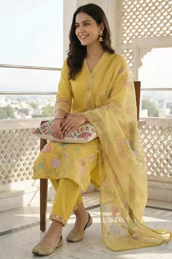 Women Floral Embroidered Regular Thread Work Kurta with Trousers & With Dupatta