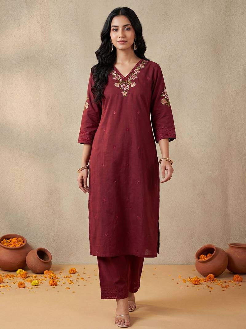 Women Ethnic Motifs Embroidered Regular Thread Work  Cotton Kurta with Trousers