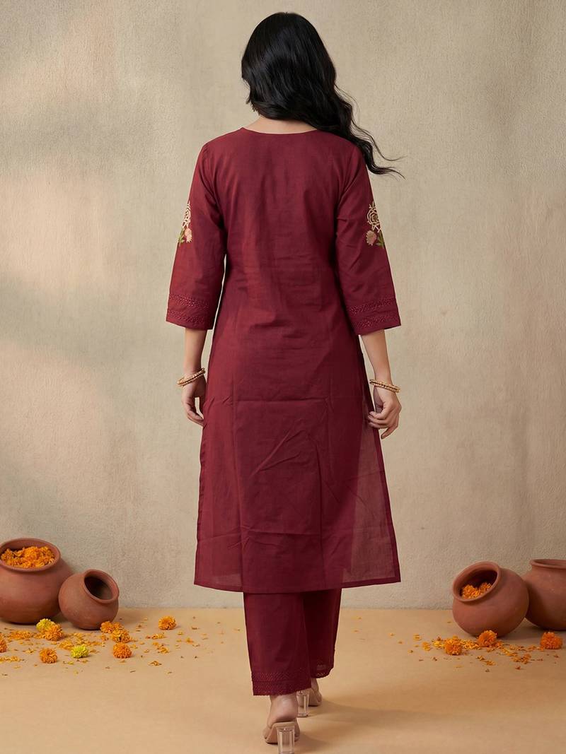 Women Ethnic Motifs Embroidered Regular Thread Work  Cotton Kurta with Trousers