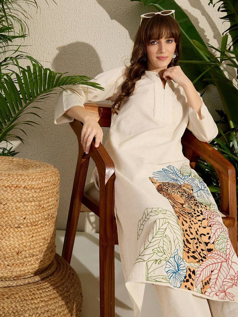 Women Animal Embroidered Thread Work  Cotton Kurta with Trousers