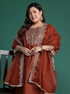 Plus Size Rust Embroidered Straight Kurta Trousers With Dupatta Set 1