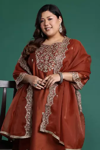 Plus Size Rust Embroidered Straight Kurta Trousers With Dupatta Set