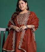 Plus Size Rust Embroidered Straight Kurta Trousers With Dupatta Set
