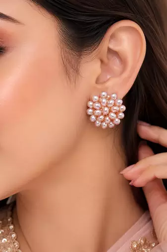 Pearl cluster flower stud earrings, pink freshwater pearl
