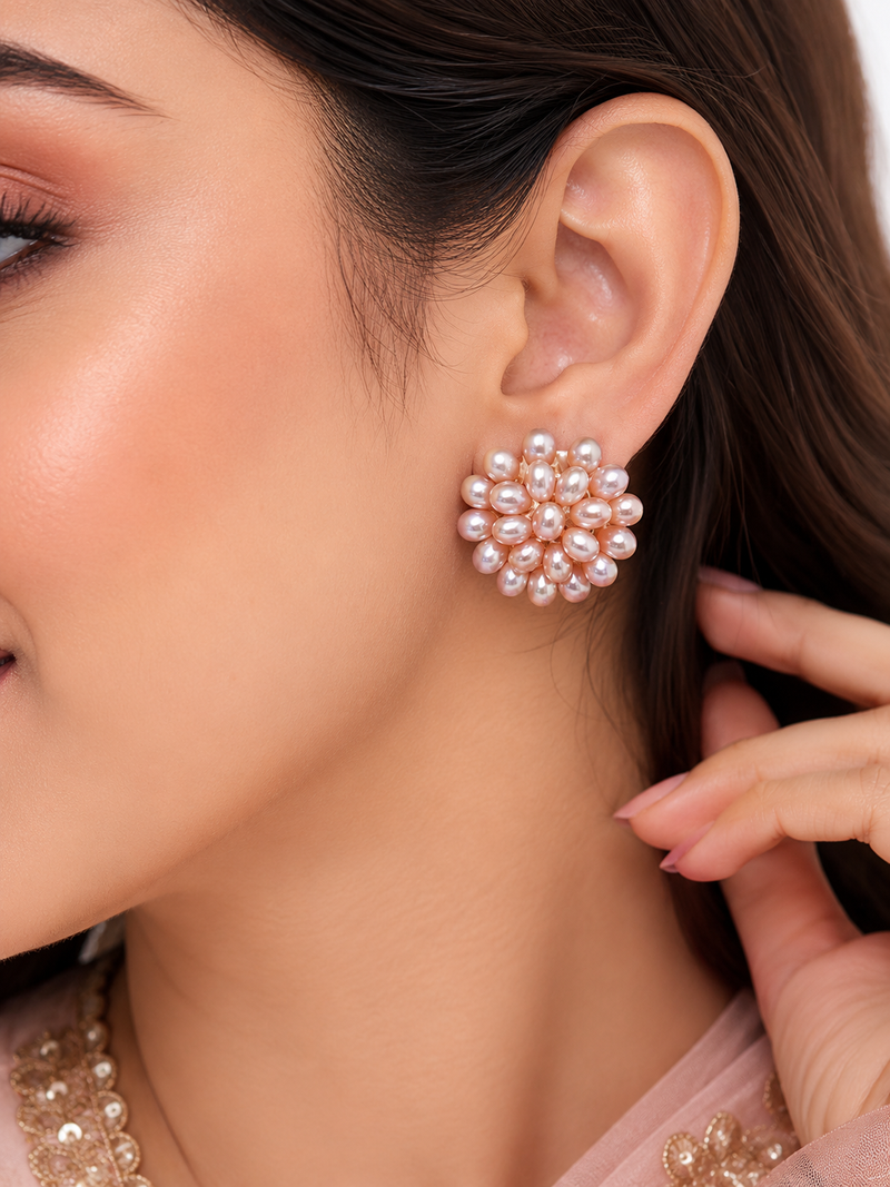 Pearl cluster flower stud earrings, pink freshwater pearl