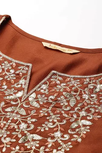 Plus Size Rust Embroidered Straight Kurta Trousers With Dupatta Set