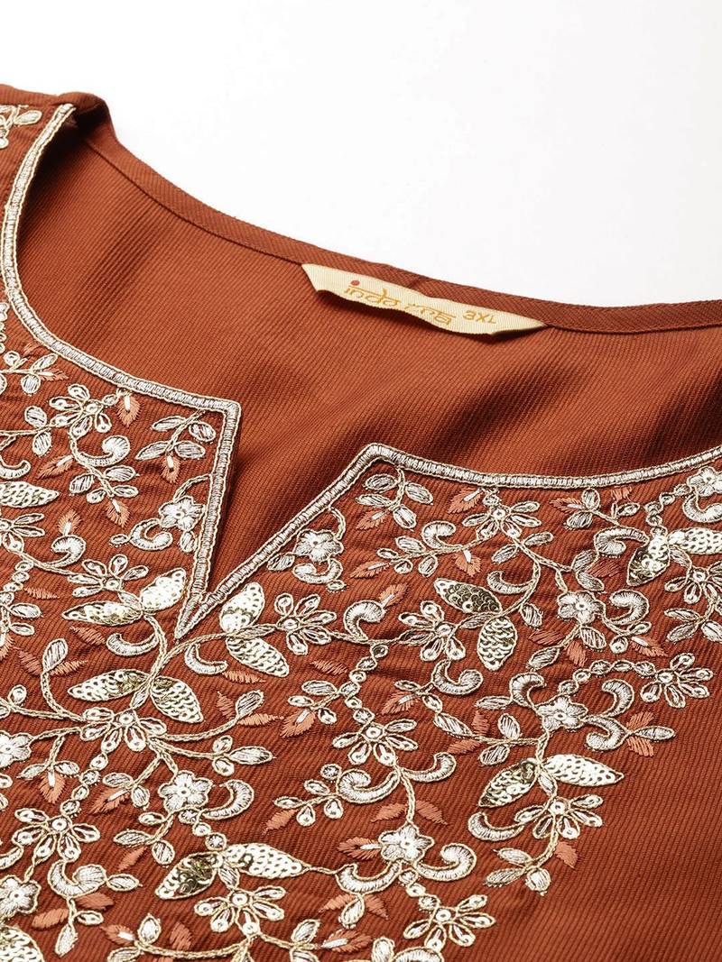 Plus Size Rust Embroidered Straight Kurta Trousers With Dupatta Set