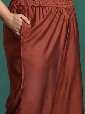 Plus Size Rust Embroidered Straight Kurta Trousers With Dupatta Set 3