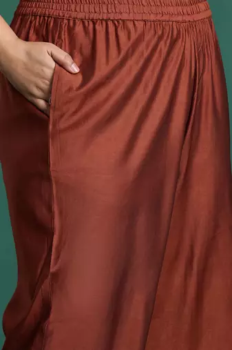 Plus Size Rust Embroidered Straight Kurta Trousers With Dupatta Set