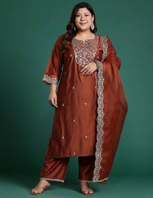 Plus Size Rust Embroidered Straight Kurta Trousers With Dupatta Set 5