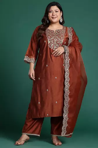 Plus Size Rust Embroidered Straight Kurta Trousers With Dupatta Set