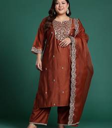 Plus Size Rust Embroidered Straight Kurta Trousers With Dupatta Set