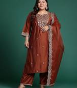 Plus Size Rust Embroidered Straight Kurta Trousers With Dupatta Set