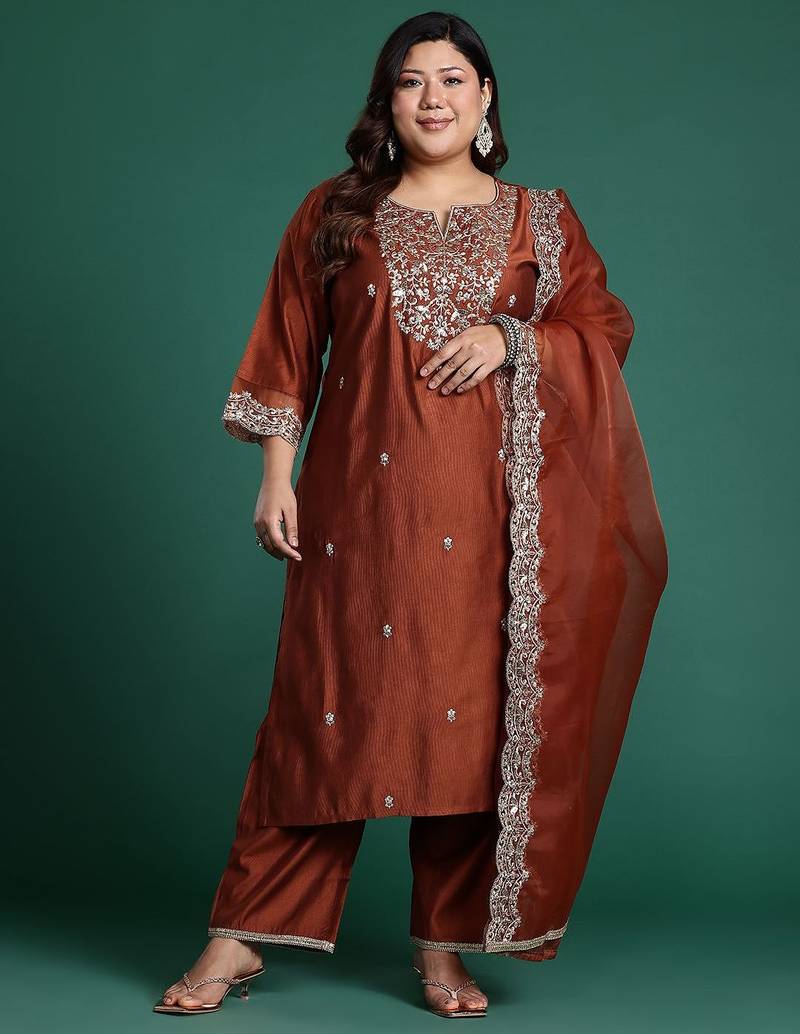 Plus Size Rust Embroidered Straight Kurta Trousers With Dupatta Set
