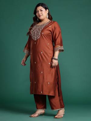 Plus Size Rust Embroidered Straight Kurta Trousers With Dupatta Set 6