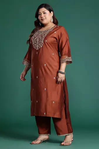 Plus Size Rust Embroidered Straight Kurta Trousers With Dupatta Set