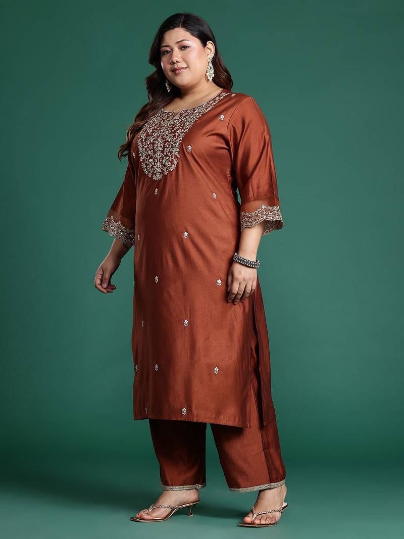Plus Size Rust Embroidered Straight Kurta Trousers With Dupatta Set