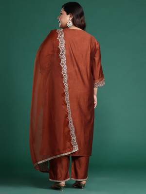 Plus Size Rust Embroidered Straight Kurta Trousers With Dupatta Set 7