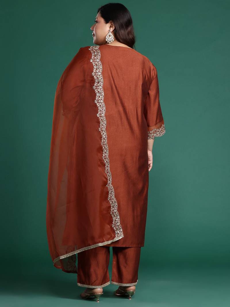 Plus Size Rust Embroidered Straight Kurta Trousers With Dupatta Set