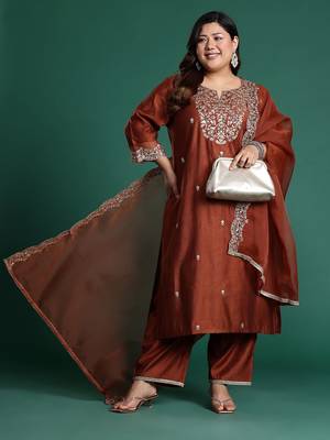 Plus Size Rust Embroidered Straight Kurta Trousers With Dupatta Set 8