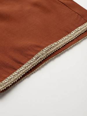 Plus Size Rust Embroidered Straight Kurta Trousers With Dupatta Set 9