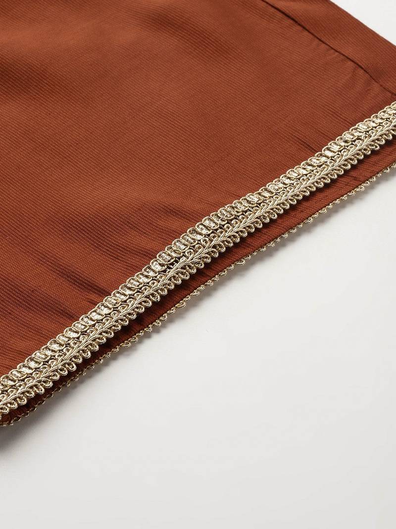 Plus Size Rust Embroidered Straight Kurta Trousers With Dupatta Set
