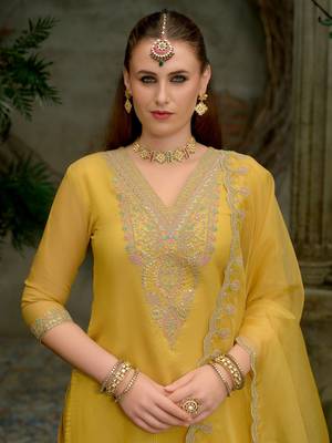 Floral Yoke Design Sequnnied Straight Kurta With Trousers & Dupatta 1