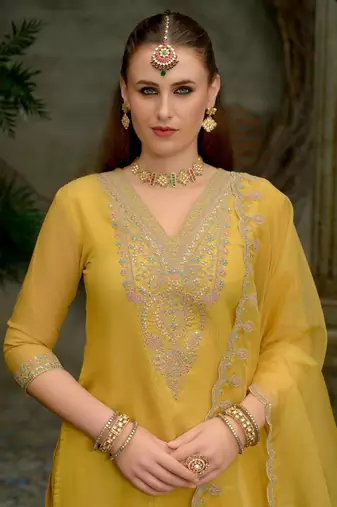 Floral Yoke Design Sequnnied Straight Kurta With Trousers & Dupatta