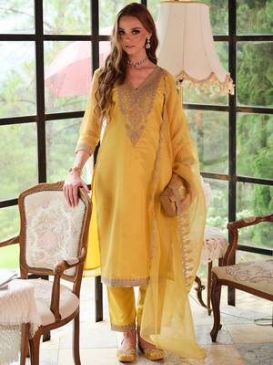 Floral Yoke Design Sequnnied Straight Kurta With Trousers & Dupatta 2
