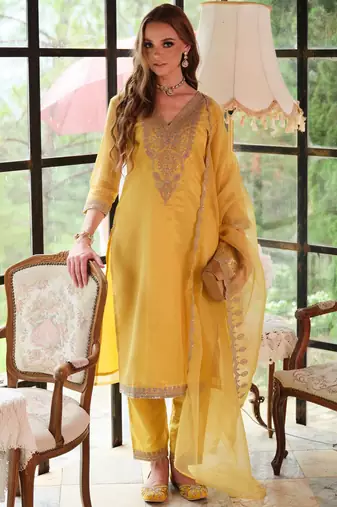 Floral Yoke Design Sequnnied Straight Kurta With Trousers & Dupatta