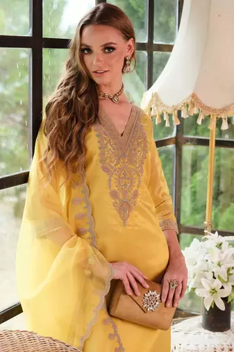 Floral Yoke Design Sequnnied Straight Kurta With Trousers & Dupatta