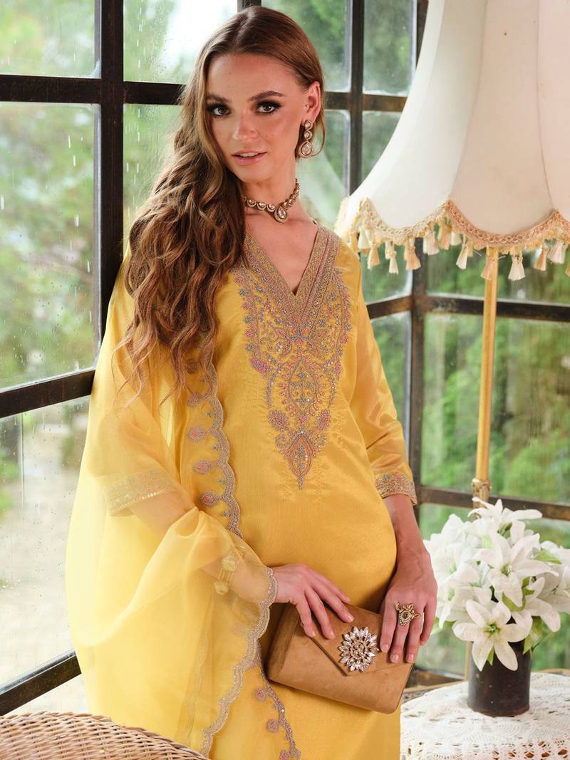 Floral Yoke Design Sequnnied Straight Kurta With Trousers & Dupatta