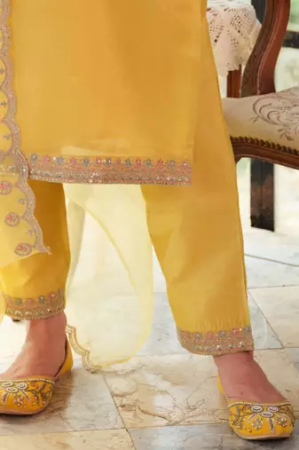 Floral Yoke Design Sequnnied Straight Kurta With Trousers & Dupatta