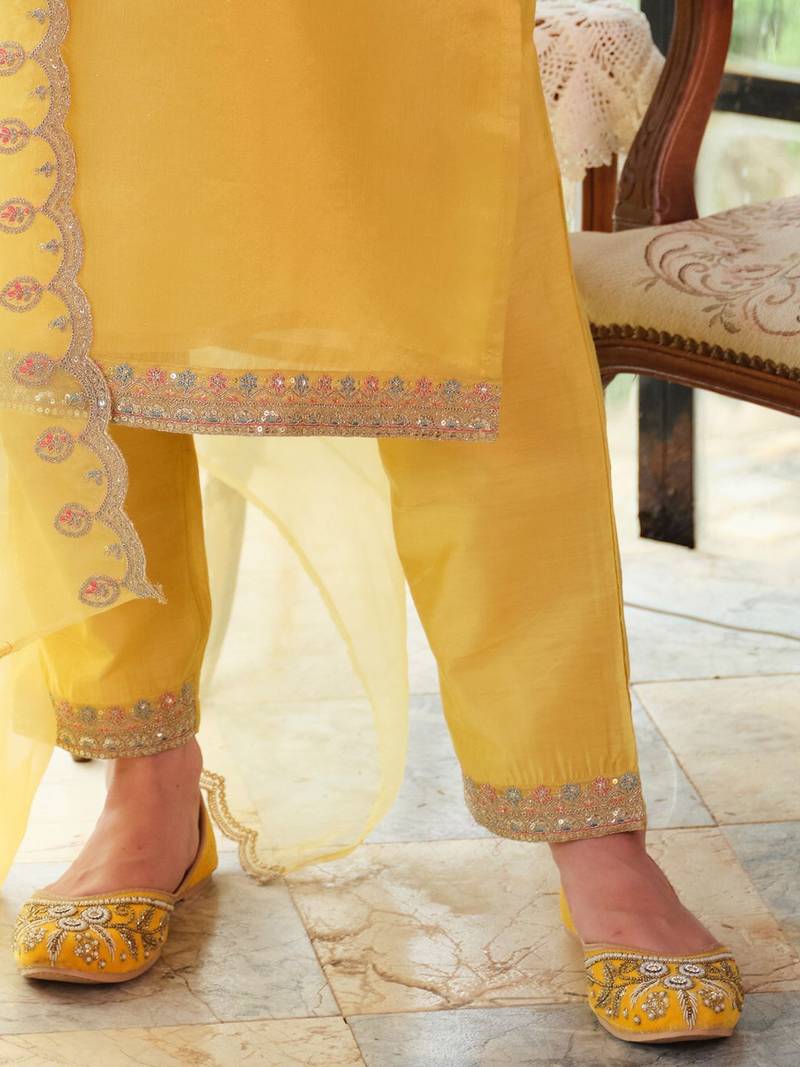 Floral Yoke Design Sequnnied Straight Kurta With Trousers & Dupatta