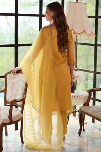 Floral Yoke Design Sequnnied Straight Kurta With Trousers & Dupatta
