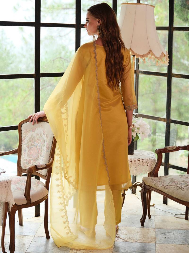 Floral Yoke Design Sequnnied Straight Kurta With Trousers & Dupatta