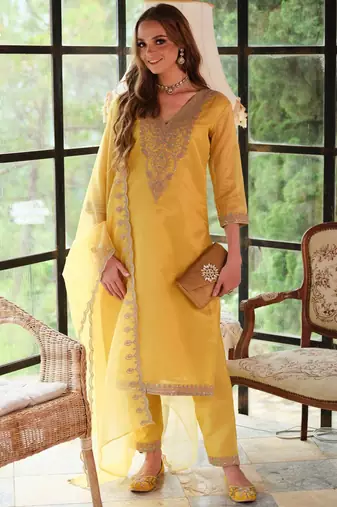 Floral Yoke Design Sequnnied Straight Kurta With Trousers & Dupatta