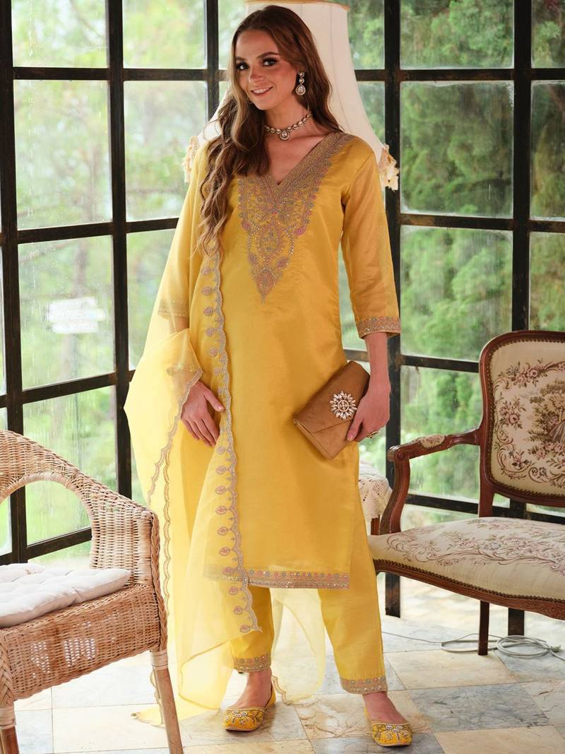 Floral Yoke Design Sequnnied Straight Kurta With Trousers & Dupatta
