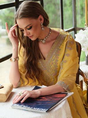 Floral Yoke Design Sequnnied Straight Kurta With Trousers & Dupatta 7