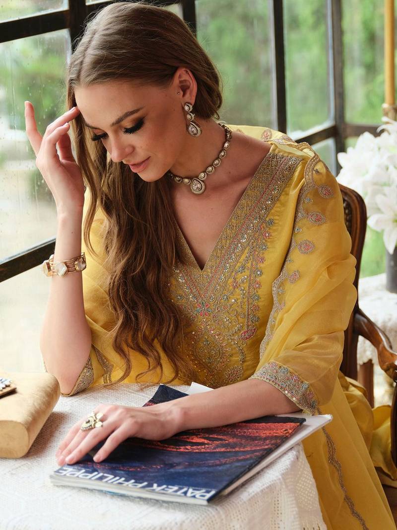 Floral Yoke Design Sequnnied Straight Kurta With Trousers & Dupatta