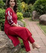 Women Embroidered Pleated Thread Work  Cotton Kurta with Trousers