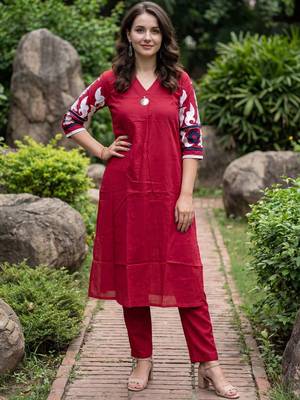 Women Embroidered Pleated Thread Work  Cotton Kurta with Trousers 5