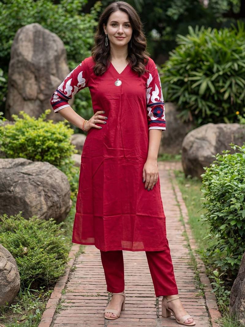 Women Embroidered Pleated Thread Work  Cotton Kurta with Trousers