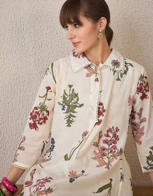 Floral Printed  Cotton Shirt Collar A-Line Kurta With Palazzos 1