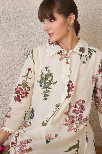 Floral Printed  Cotton Shirt Collar A-Line Kurta With Palazzos