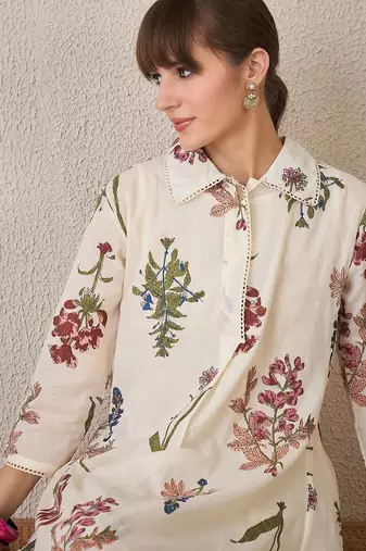 Floral Printed  Cotton Shirt Collar A-Line Kurta With Palazzos