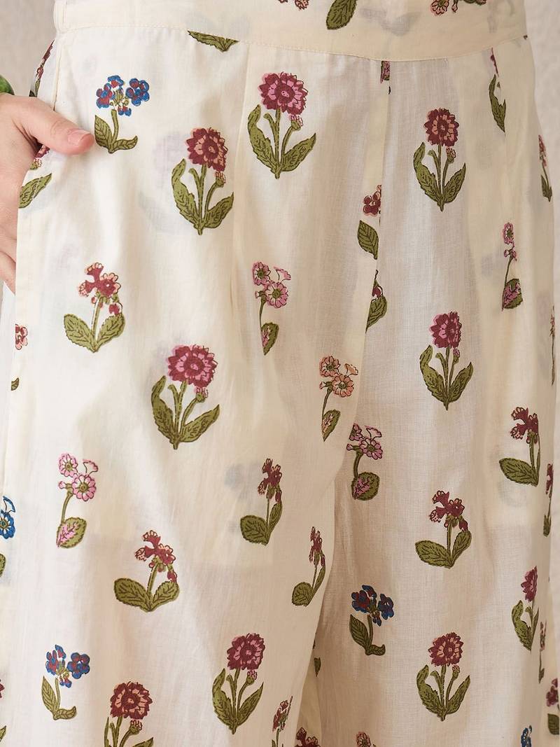 Floral Printed  Cotton Shirt Collar A-Line Kurta With Palazzos